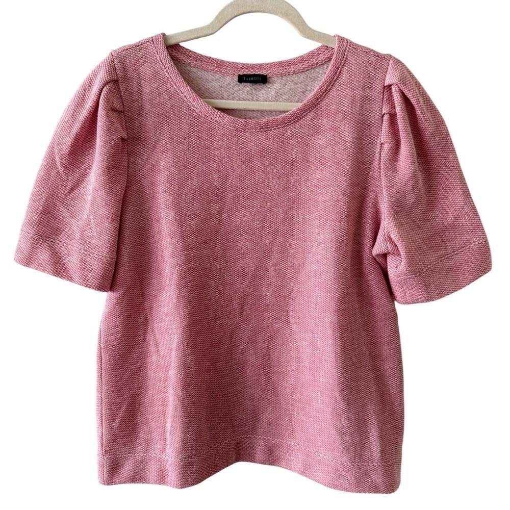 A2 Talbots Pink Textured Knit Top Puff‎ Short Sleeves Crew Neck Casual
